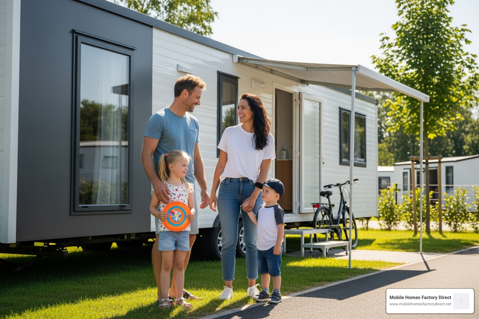 family in front of mobile home - bank mobile home repos