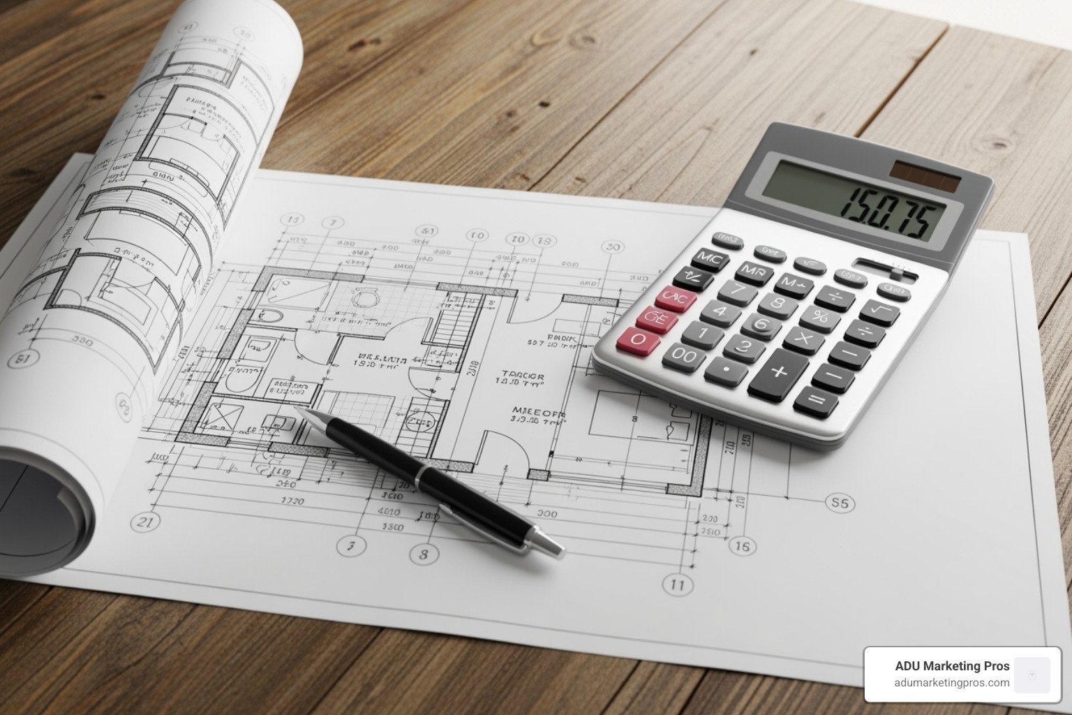 blueprint of a tiny house on a table with calculator and pen - tiny houses for sale near me
