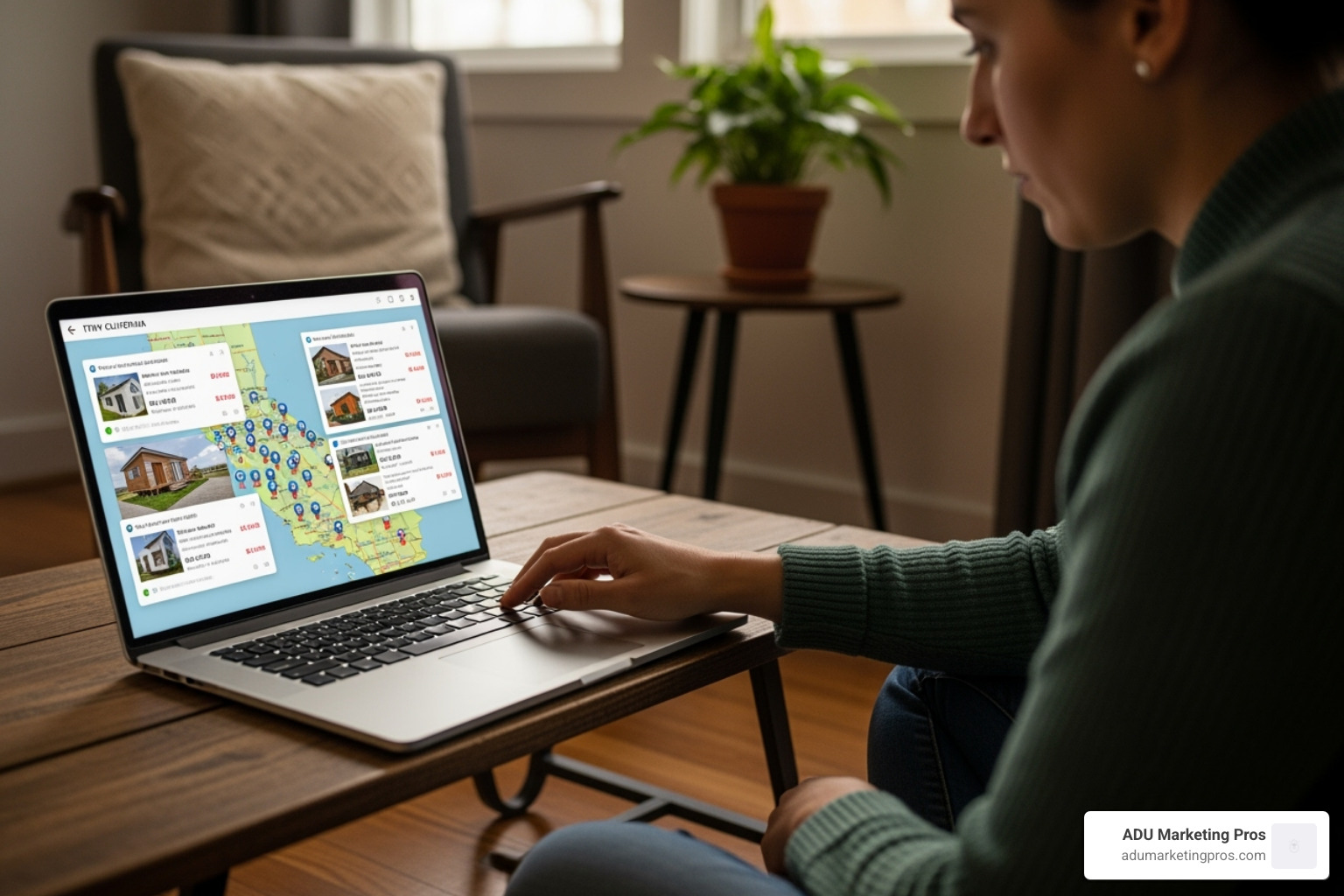 person browsing tiny house listings on a laptop with California map - tiny houses for sale near me