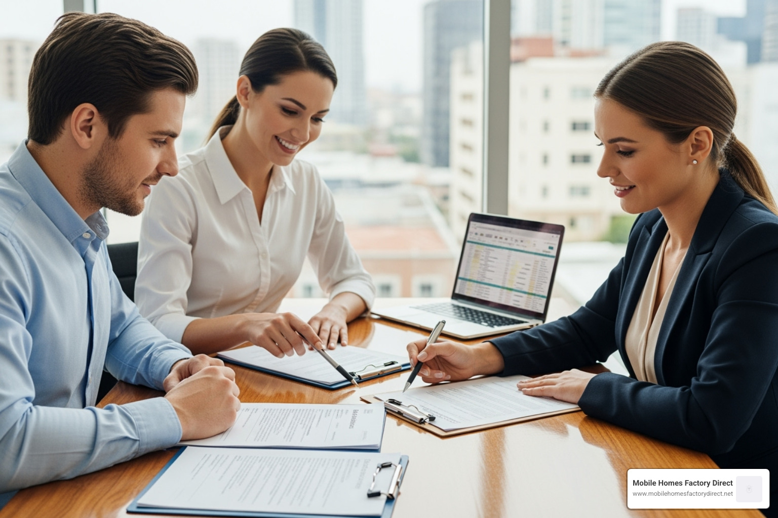 A couple signing financing paperwork with a consultant - bank repo manufactured homes