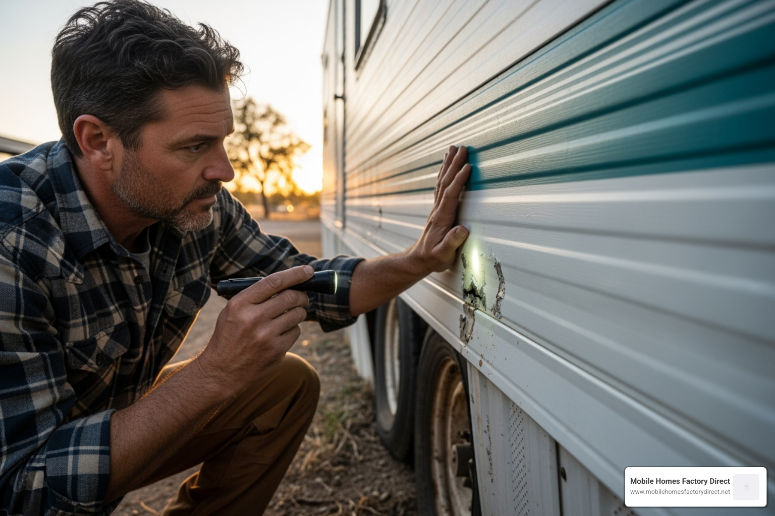 A person carefully inspecting the exterior of a mobile home - bank repo manufactured homes