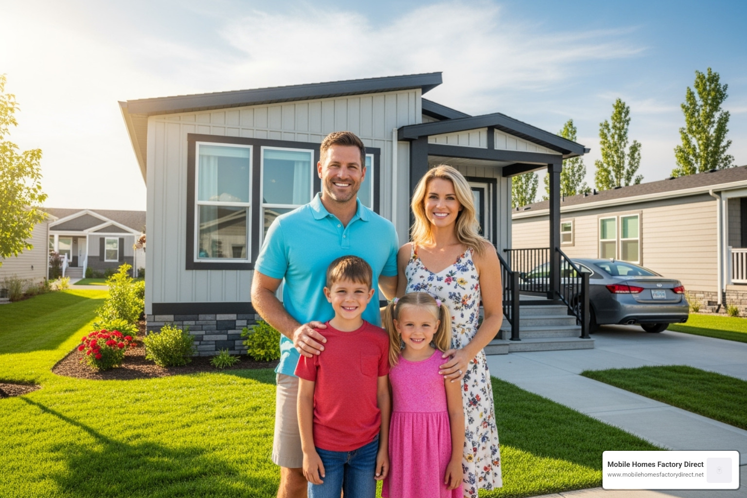 A happy family standing in front of their beautiful manufactured home - bank repo manufactured homes