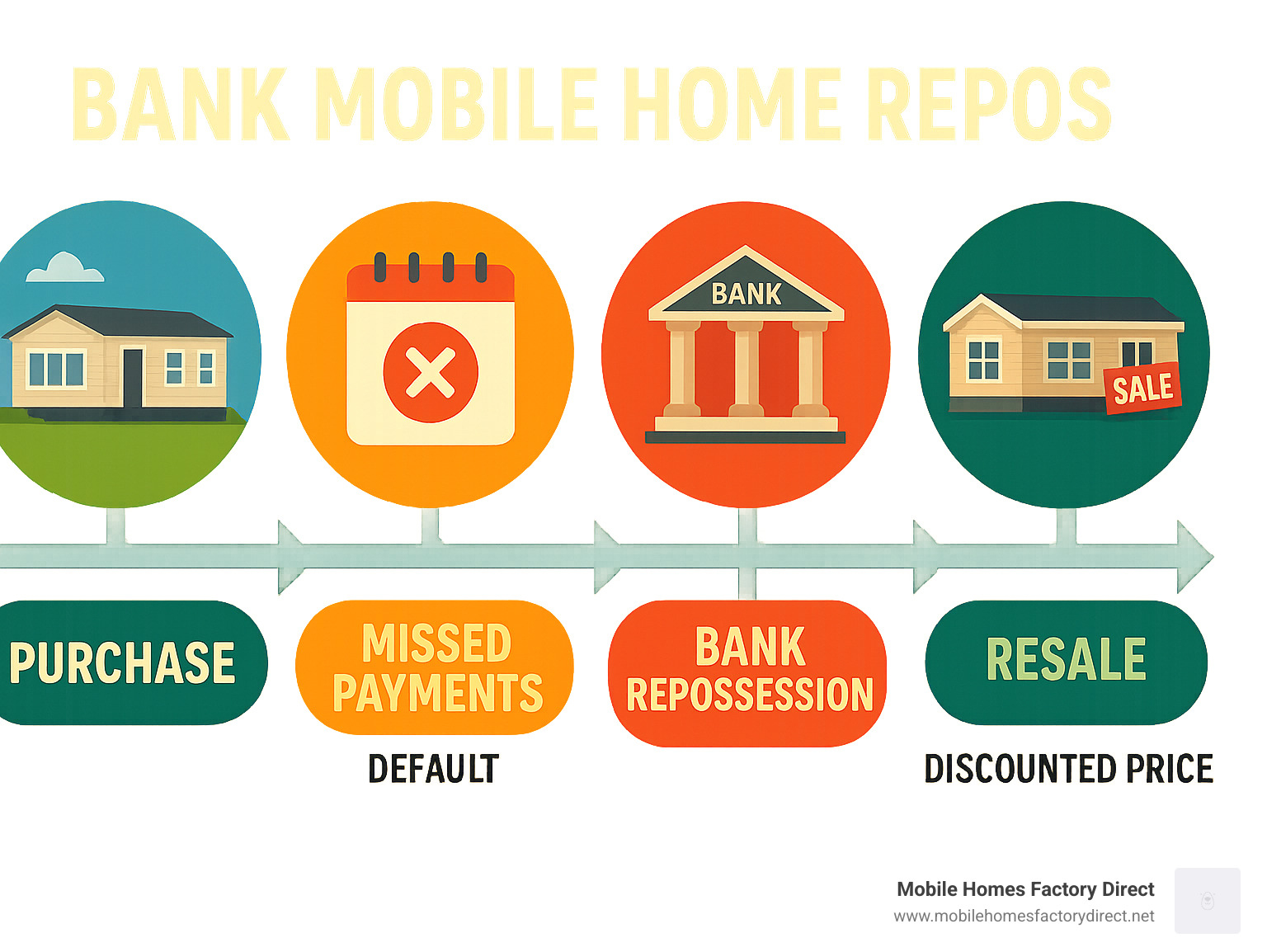 Infographic showing the complete journey of a mobile home from original purchase through missed payments, bank repossession, inspection and refurbishment, to final resale at discounted prices, with timeline and key decision points highlighted - bank mobile home repos infographic 