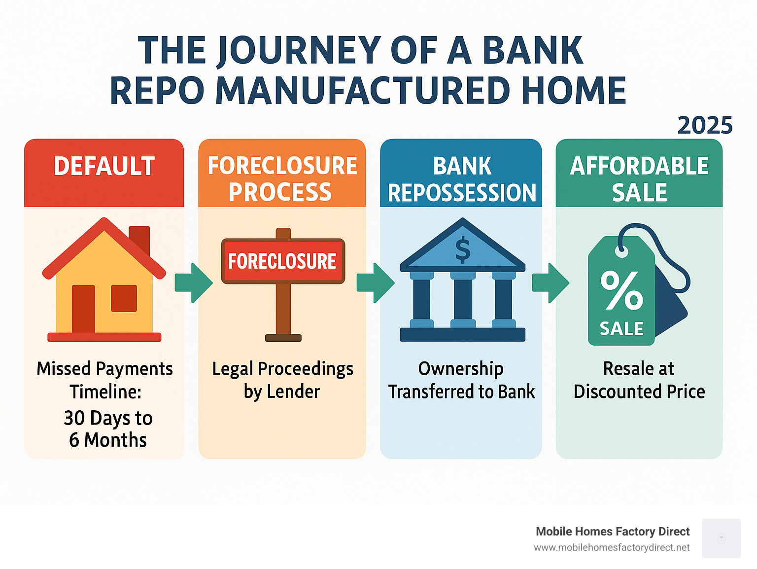 Infographic showing the journey from homeowner default to bank repossession to affordable sale, including timeline of missed payments, foreclosure process, bank ownership, and eventual resale at discounted prices - bank repo manufactured homes infographic 