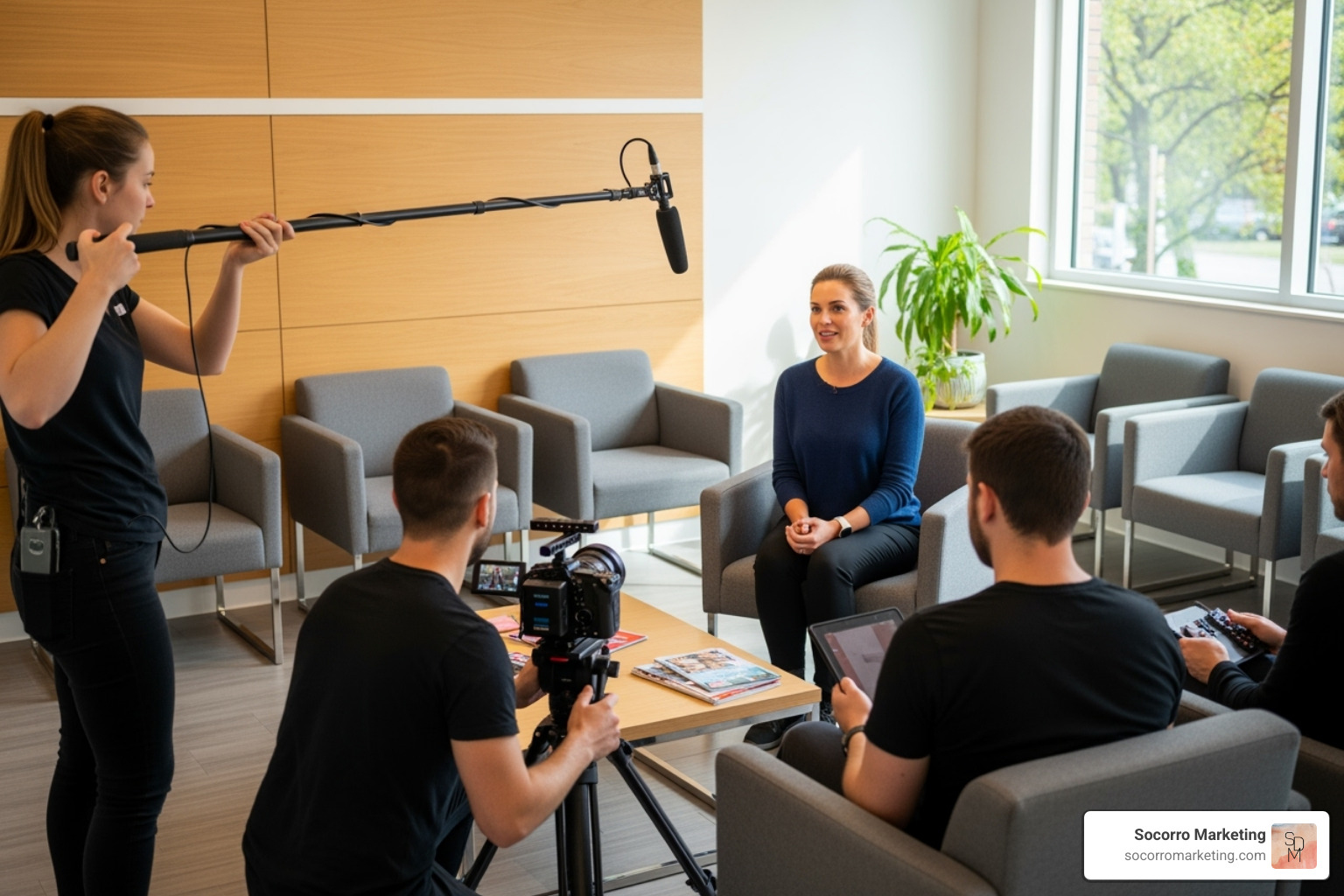 of a film crew recording a patient testimonial in a comfortable clinic setting - medical marketing videos