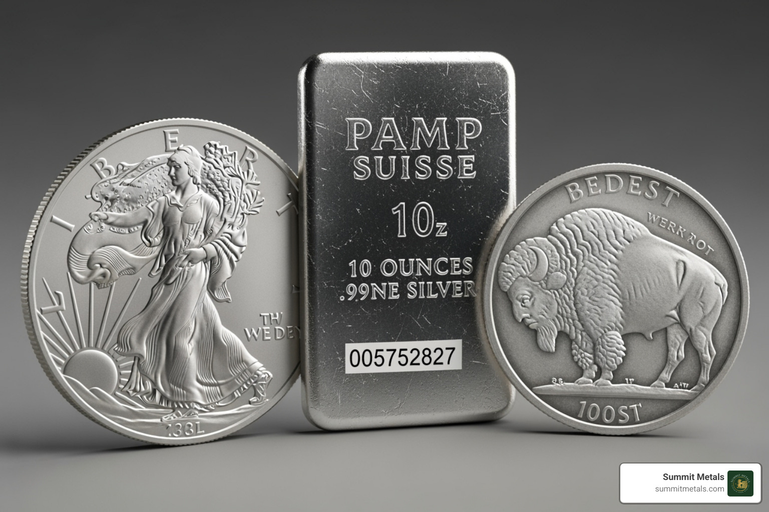 An American Silver Eagle coin, a 10 oz silver bar, and a generic silver round side-by-side for comparison - Buy silver directly