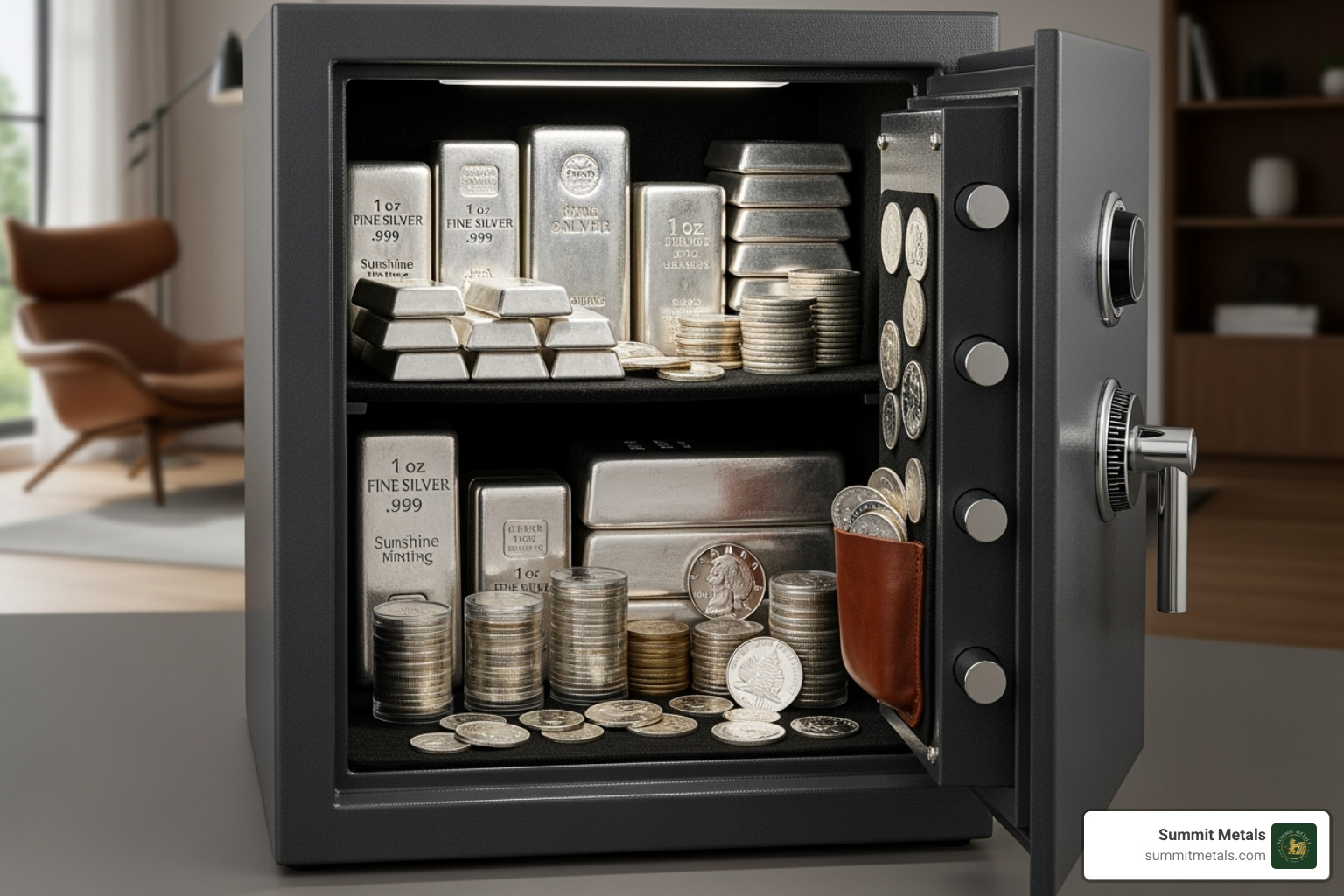 A high-quality home safe containing silver bullion - Buy silver directly
