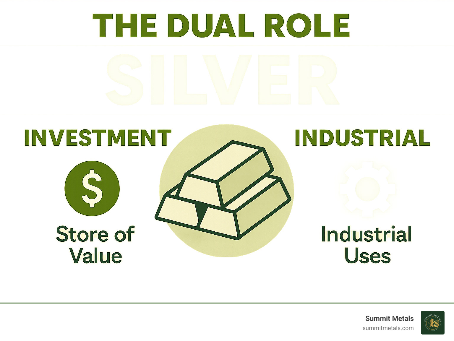Infographic explaining the dual role of silver as an investment and an industrial metal - Buy silver directly infographic 