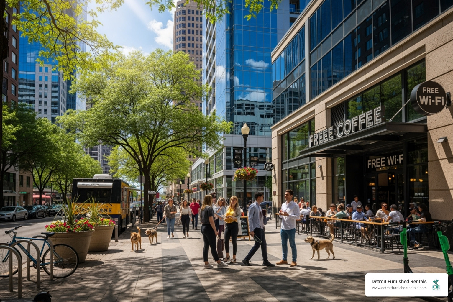 A vibrant city street in a popular remote work destination, busy with people and modern buildings - long term stays