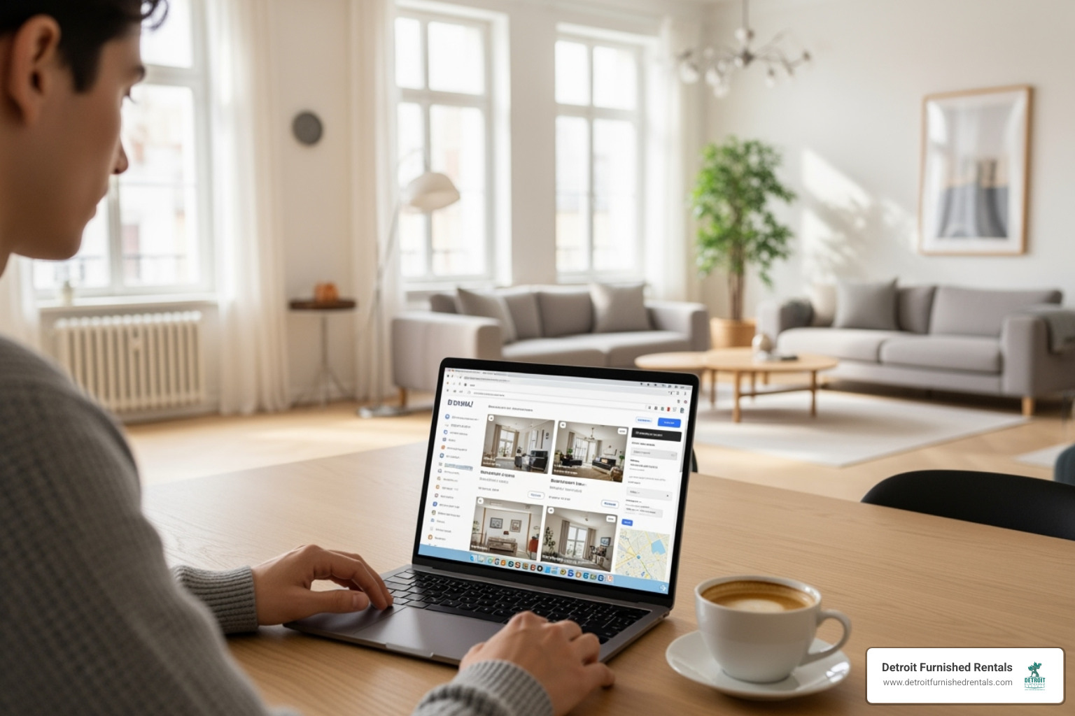 A person using a laptop to browse rental listings in a bright, modern apartment, with a cup of coffee nearby - long term stays
