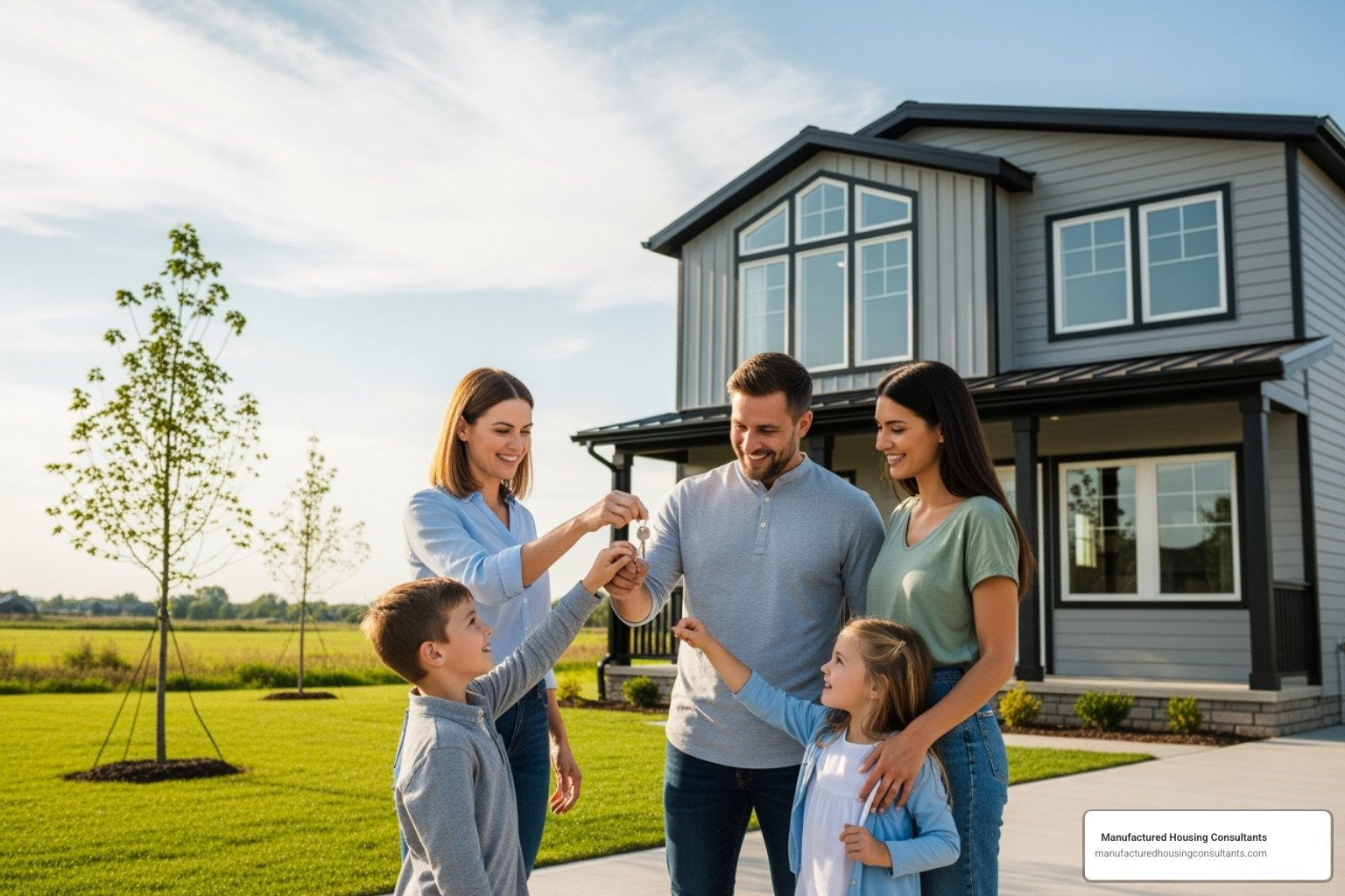 Family receiving keys to modular home - skyline modular homes