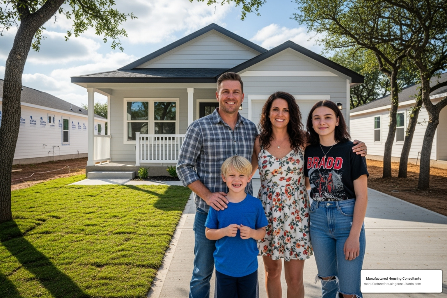 a family standing in front of their newly installed small manufactured or modular home in a suburban Texas setting - small modular homes with prices