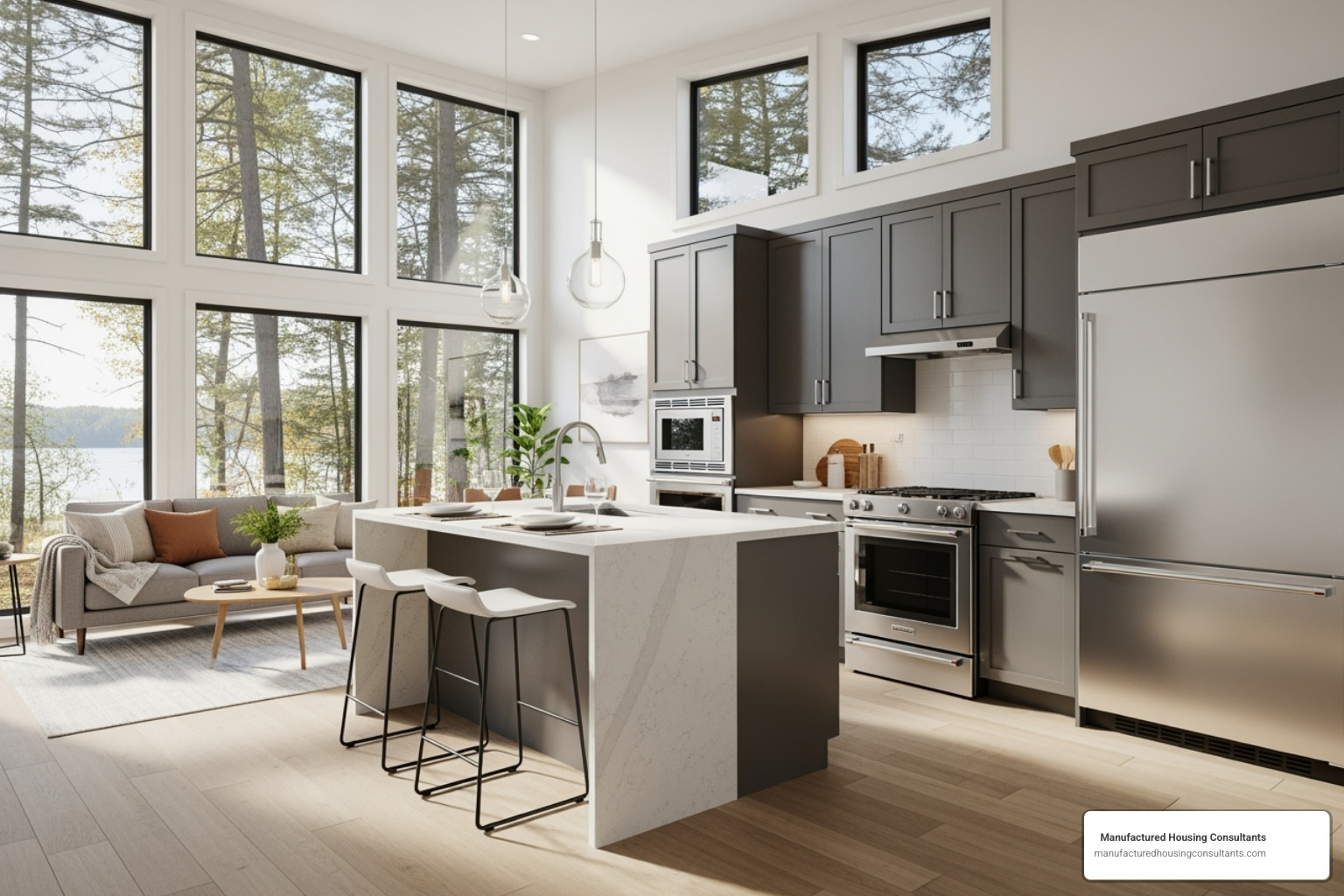 the interior of a modern small manufactured or modular home with energy-efficient windows and appliances - small modular homes with prices