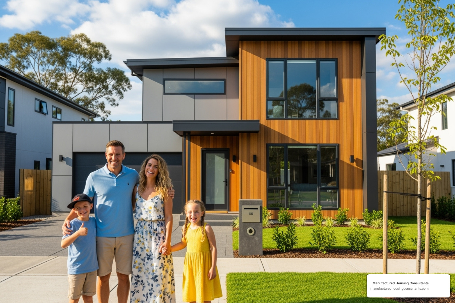 Family happily standing in front of their new modular home - different types of modular homes