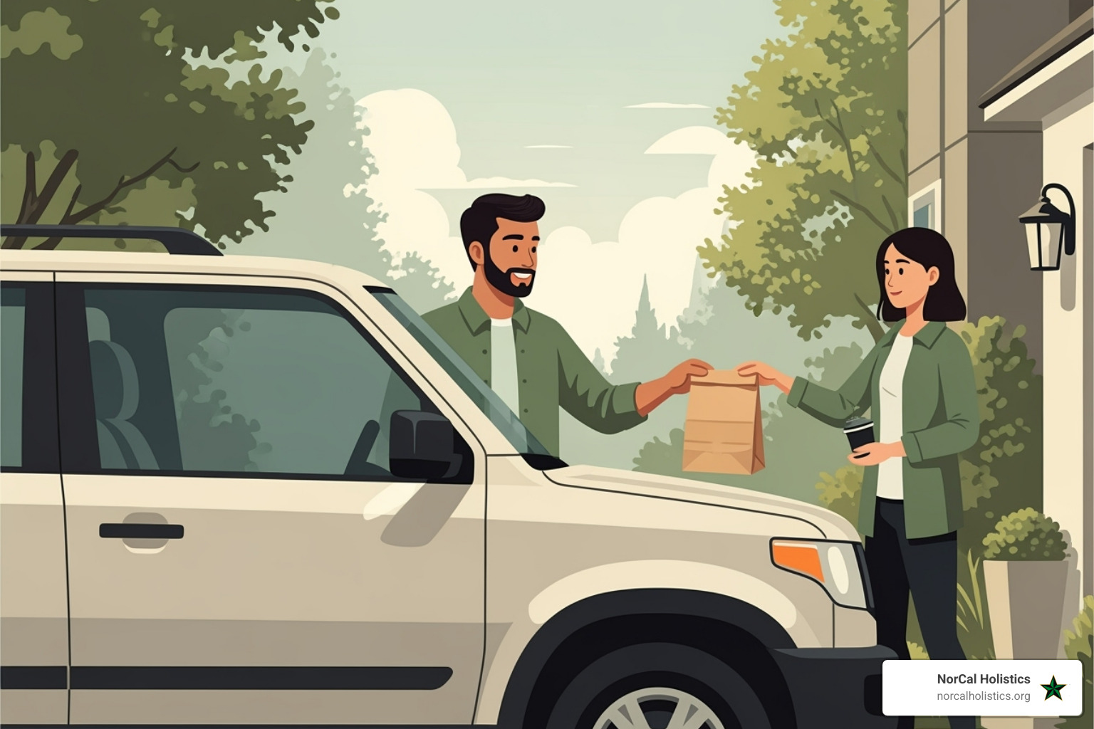 A friendly delivery driver in a clean, unbranded vehicle, handing a discreet brown paper bag to a customer at their doorstep in Sacramento, CA, during the daytime - discreet cannabis delivery