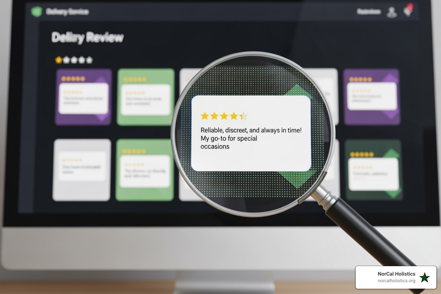 A magnifying glass hovering over a computer screen displaying customer reviews for a cannabis delivery service - discreet cannabis delivery