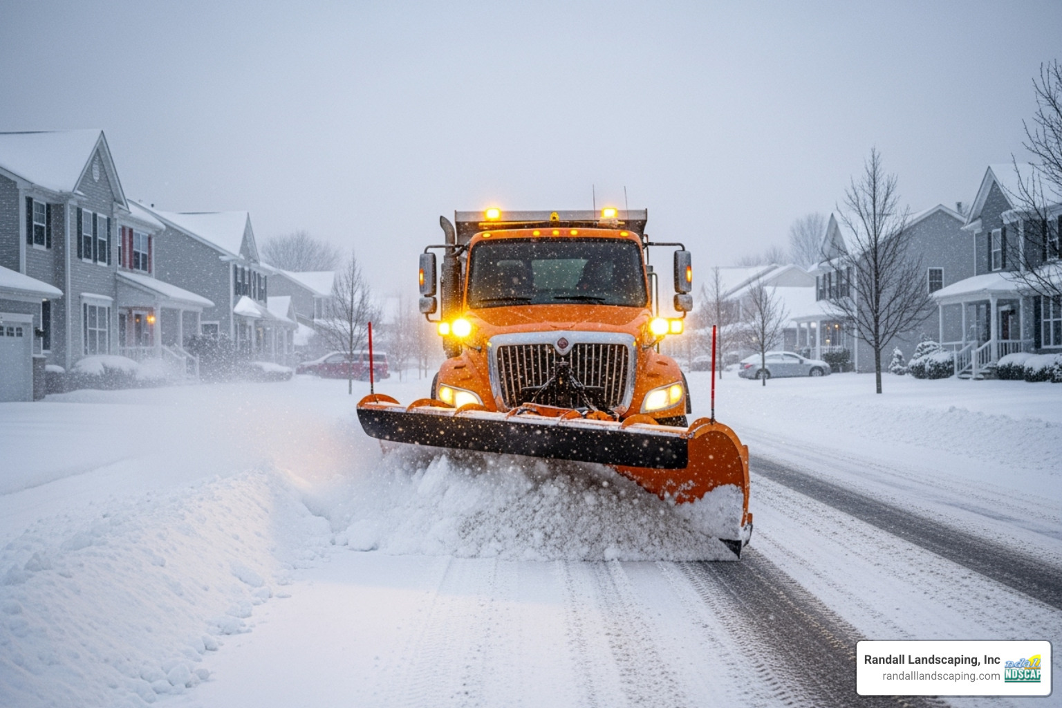 municipal snow plow clearing residential street - snow plowing and salting near me