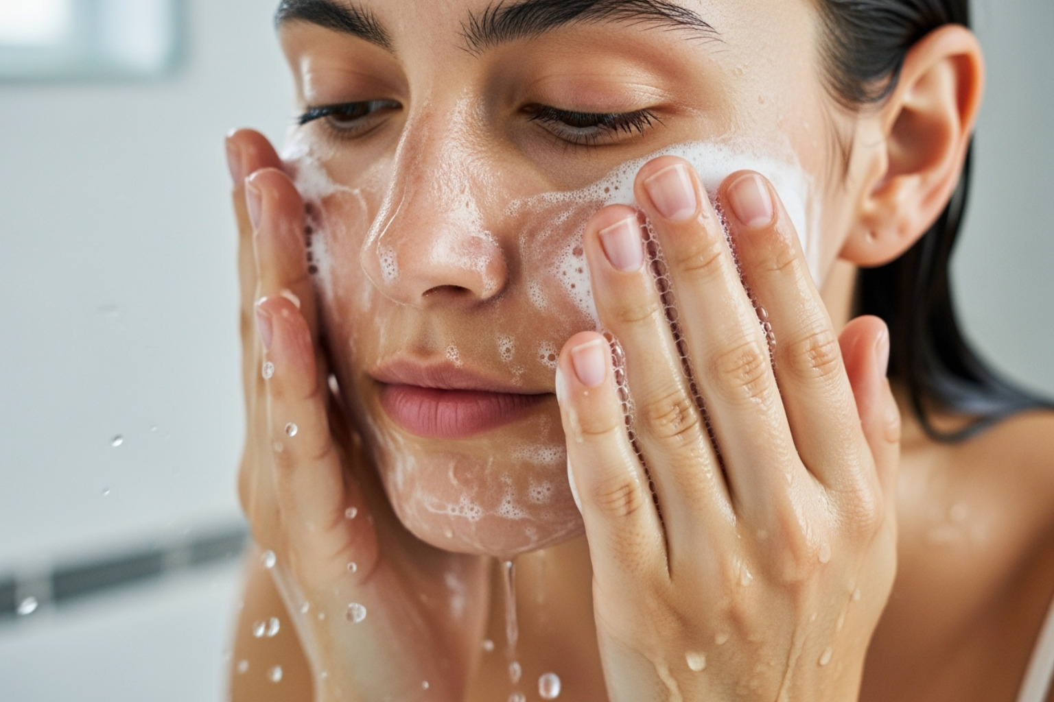 someone gently washing their face with a foaming cleanser - how to minimize pores in nose