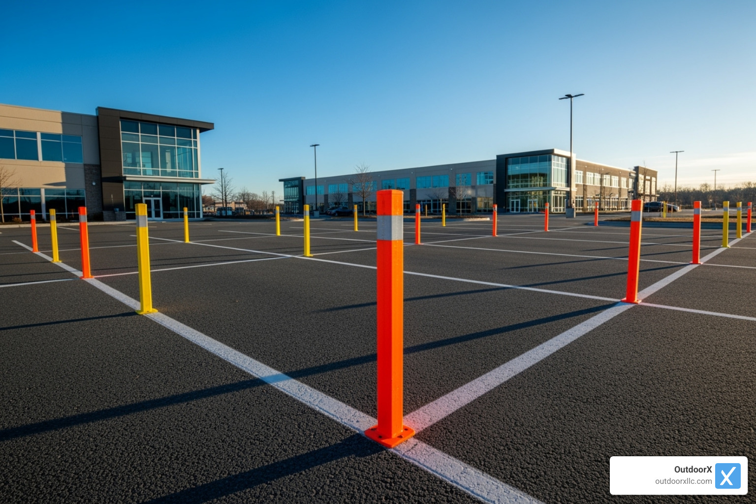 Brightly colored stakes marking the edge of a commercial parking lot before snow - Emergency snow removal services