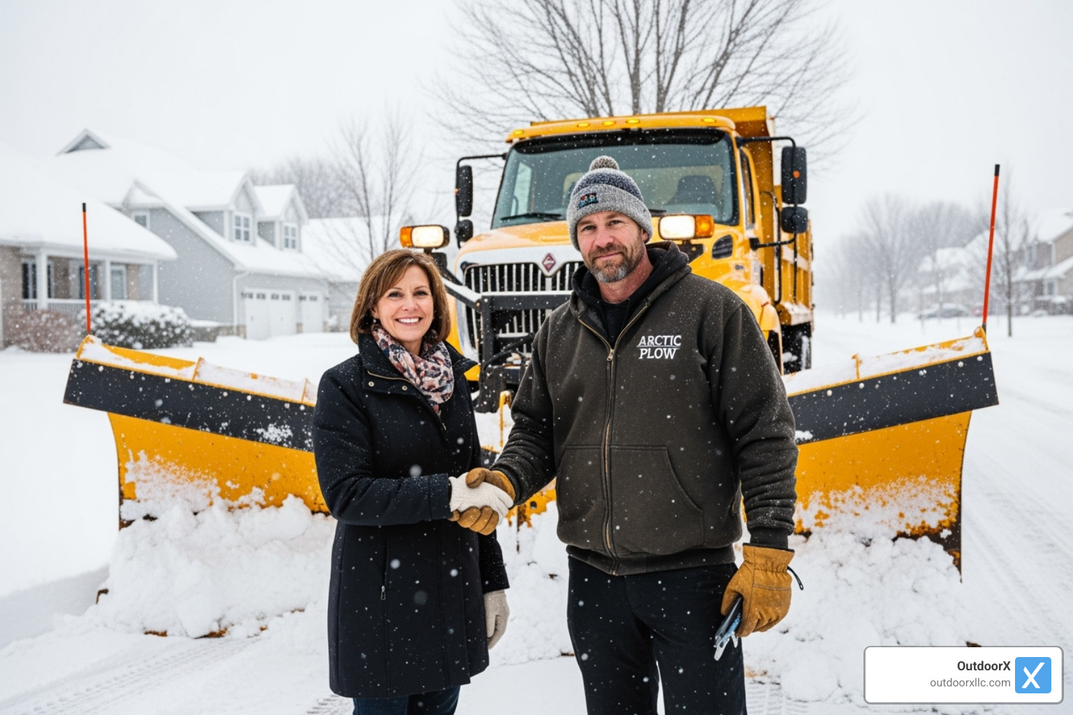 Handshake between client and snow removal provider in front of a snowplow - Emergency snow removal services
