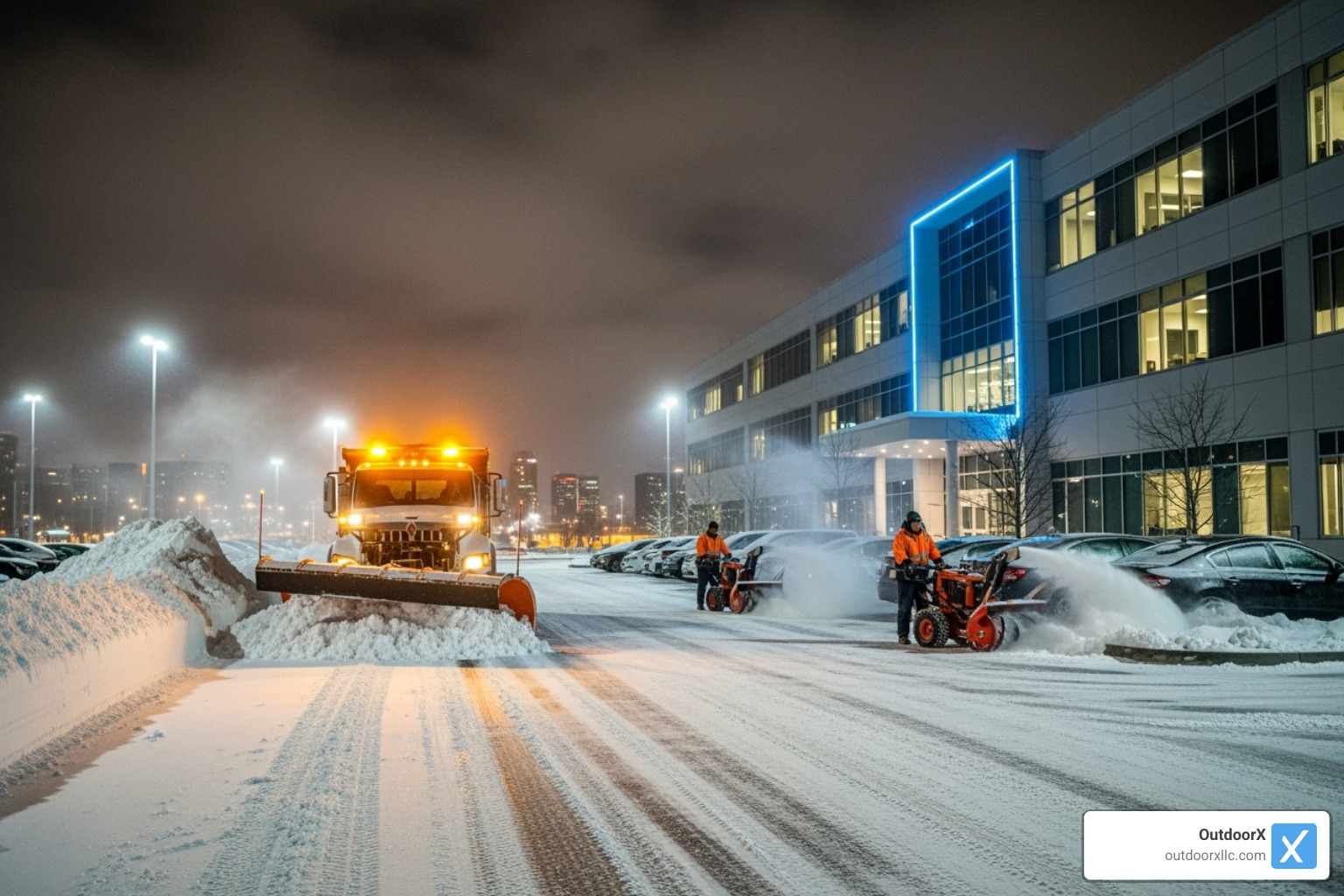 Professional snow removal crew using a plow truck and snow blowers at night to clear a commercial property - Emergency snow removal services