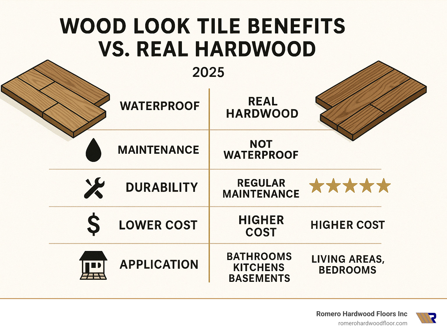 Comprehensive comparison infographic showing wood look tile benefits versus real hardwood including waterproof properties, maintenance requirements, durability ratings, cost differences, and ideal application areas - Wood look tile infographic Comprehensive comparison infographic showing wood look tile benefits versus real hardwood including waterproof properties, maintenance requirements, durability ratings, cost differences, and ideal application areas - Wood look tile infographic