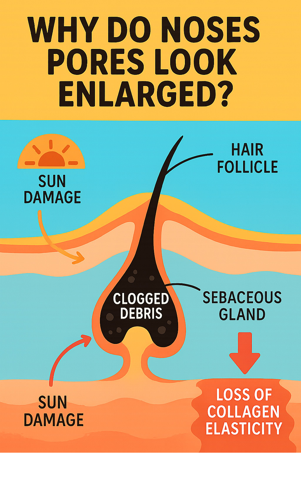 Infographic showing cross-section of a nose pore with sebaceous gland, hair follicle, and factors that make pores appear larger including clogged debris, sun damage, and loss of collagen elasticity - how to minimize pores in nose infographic 