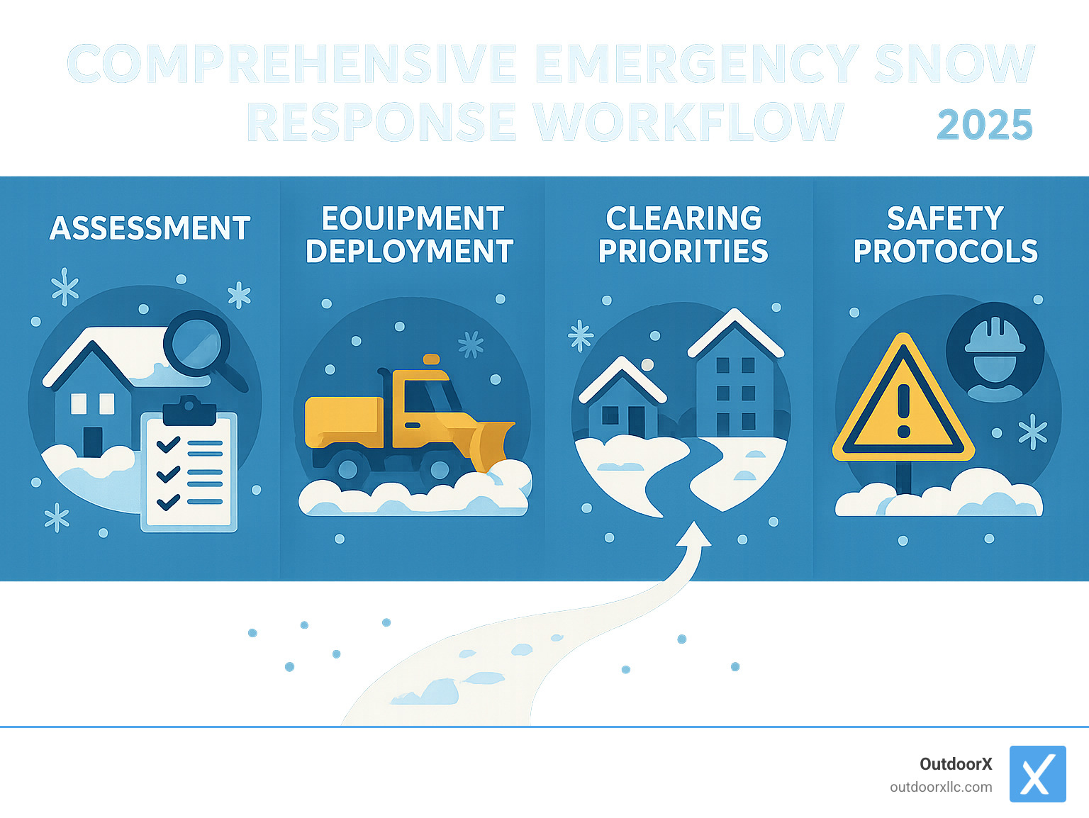 Comprehensive emergency snow response workflow showing assessment, equipment deployment, clearing priorities, and safety protocols for residential and commercial properties - Emergency snow removal services infographic 