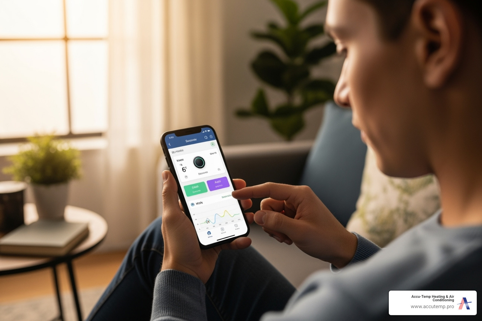 Person adjusting a smart thermostat on their phone - Improve AC efficiency