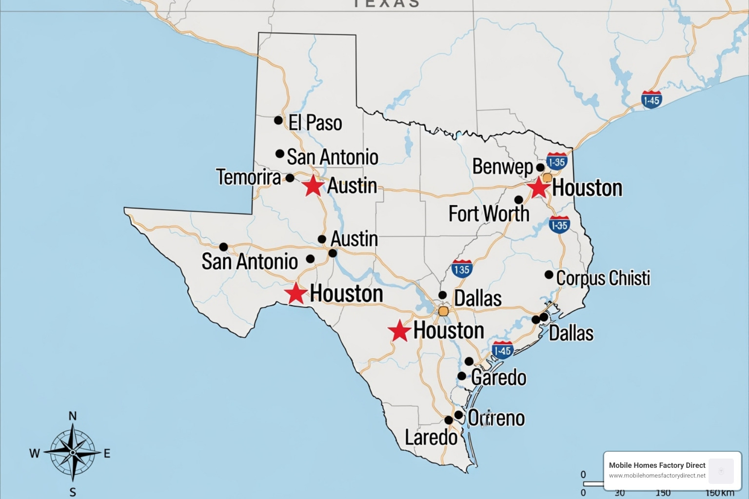 Image of a map of Texas highlighting major service areas - bank repo mobile homes in texas