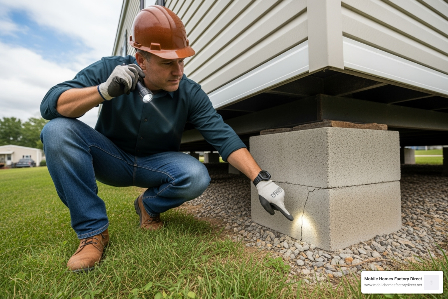 Image of a home inspector checking a mobile home's foundation - bank repo mobile homes in texas