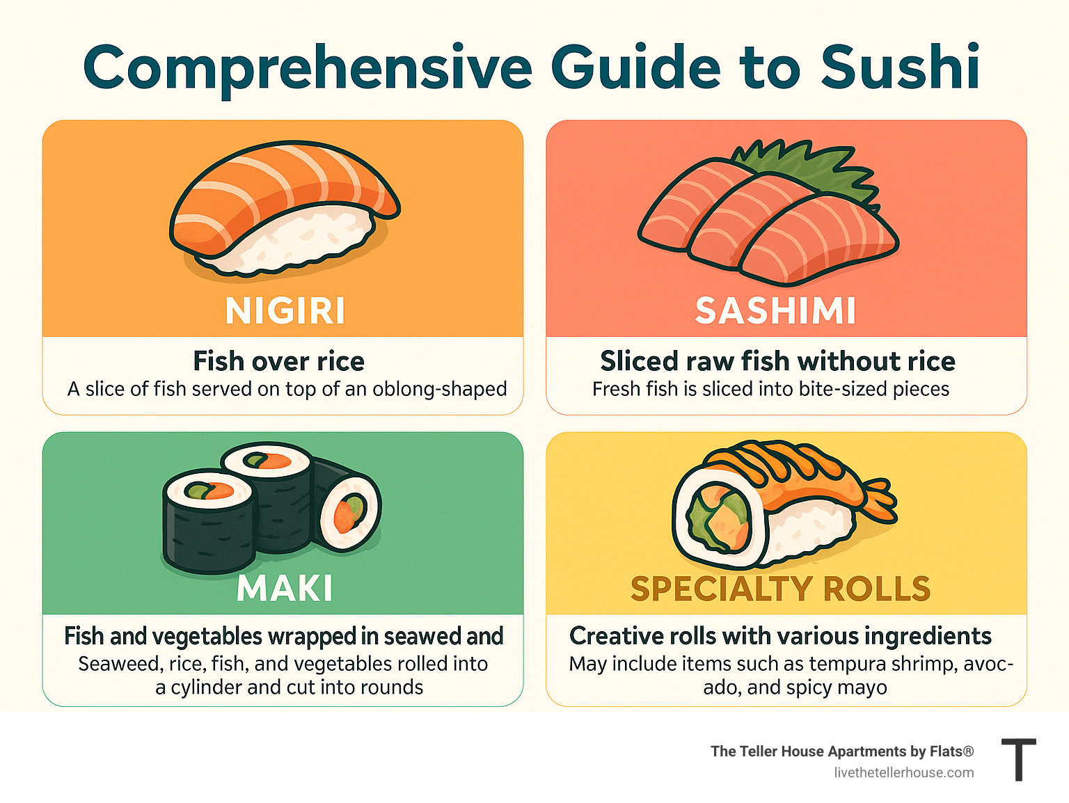 Comprehensive guide to different types of sushi including nigiri (fish over rice), sashimi (sliced raw fish without rice), maki rolls (fish and vegetables wrapped in seaweed and rice), and specialty rolls with descriptions of preparation methods and typical ingredients - best sushi Uptown Chicago infographic 