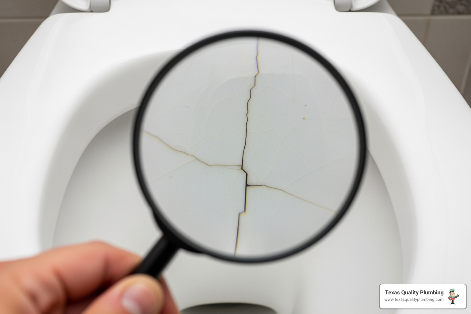 cracked toilet bowl with magnifying glass - toilet installation Houston