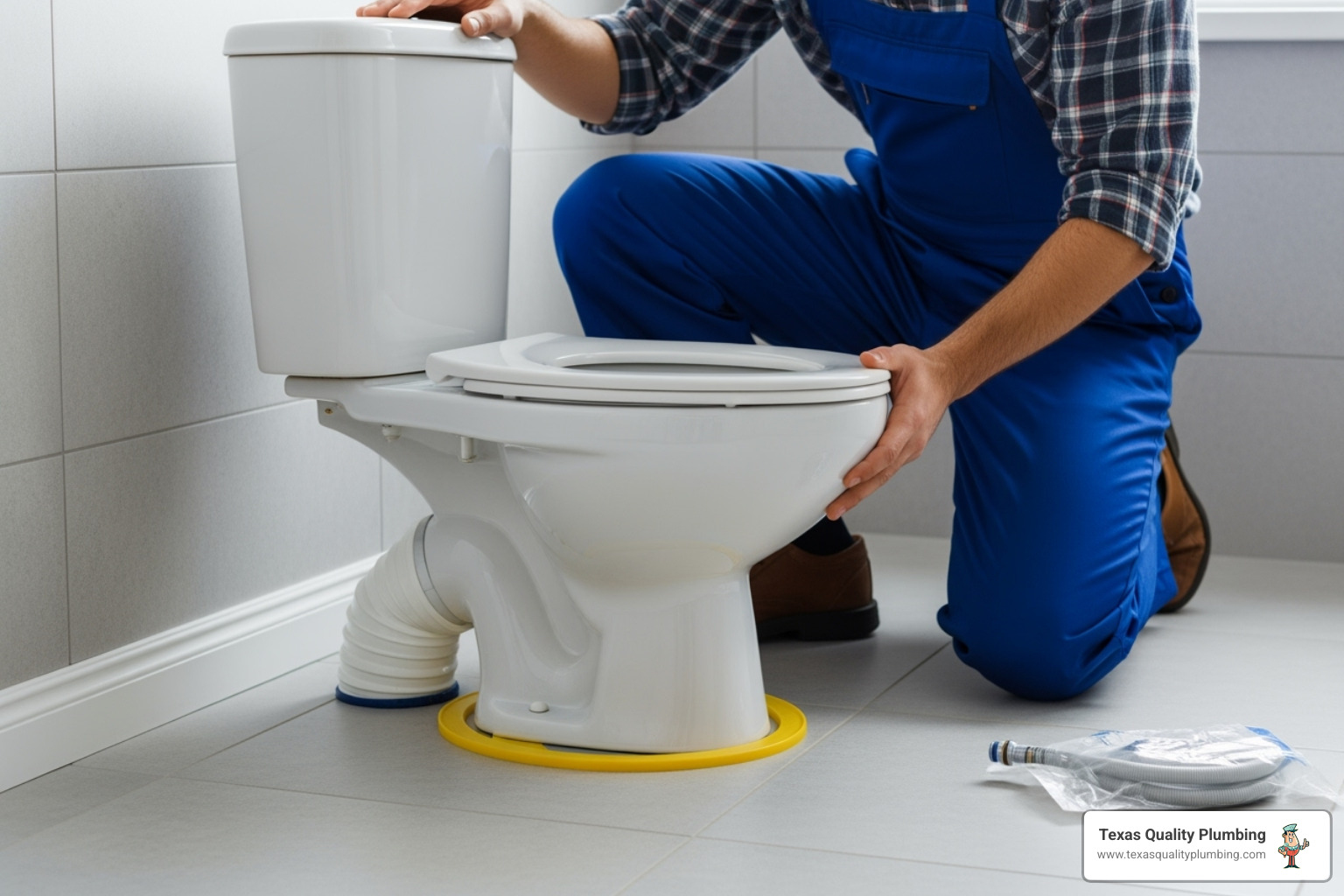 plumber setting new toilet onto wax ring - toilet installation Houston