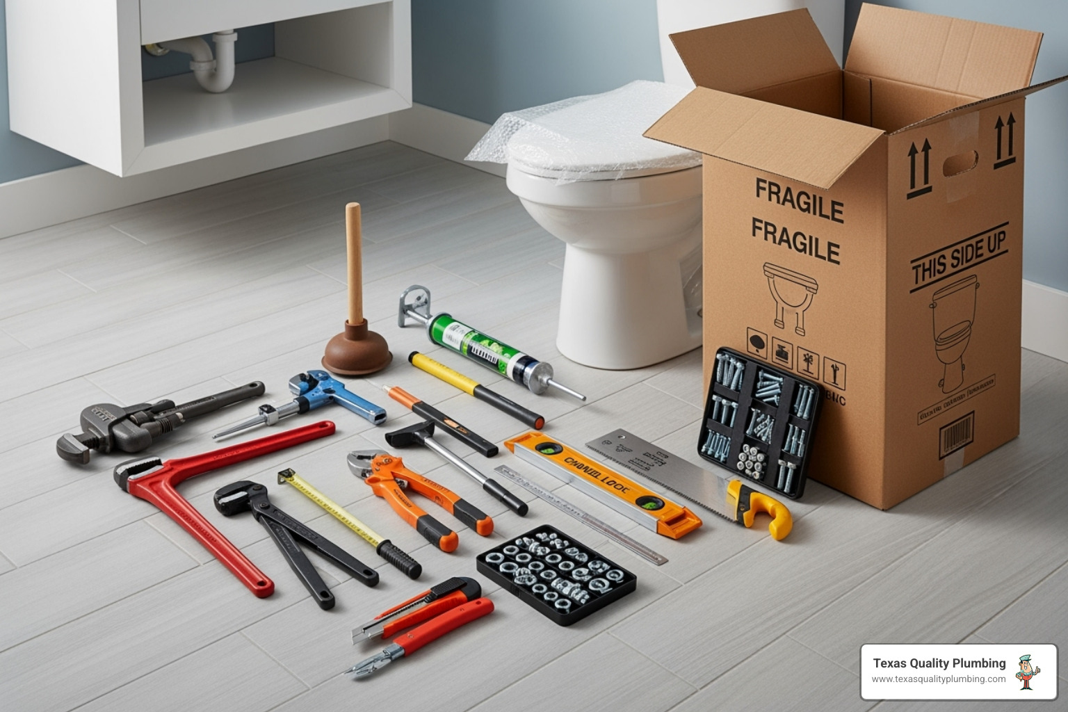 plumber's toolkit next to new toilet box - toilet installation Houston