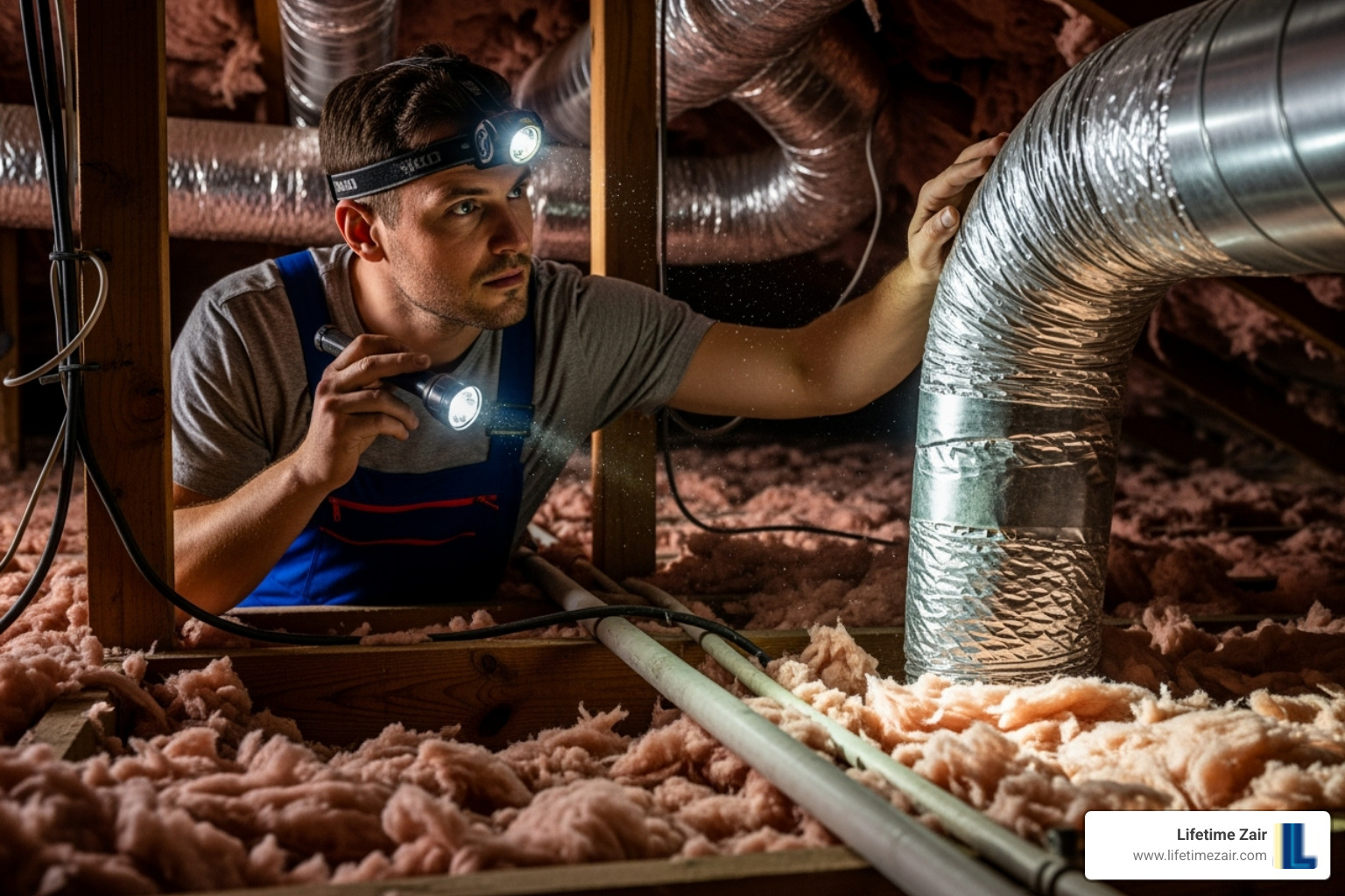 Installer inspecting ductwork in an attic - how much to replace ac unit