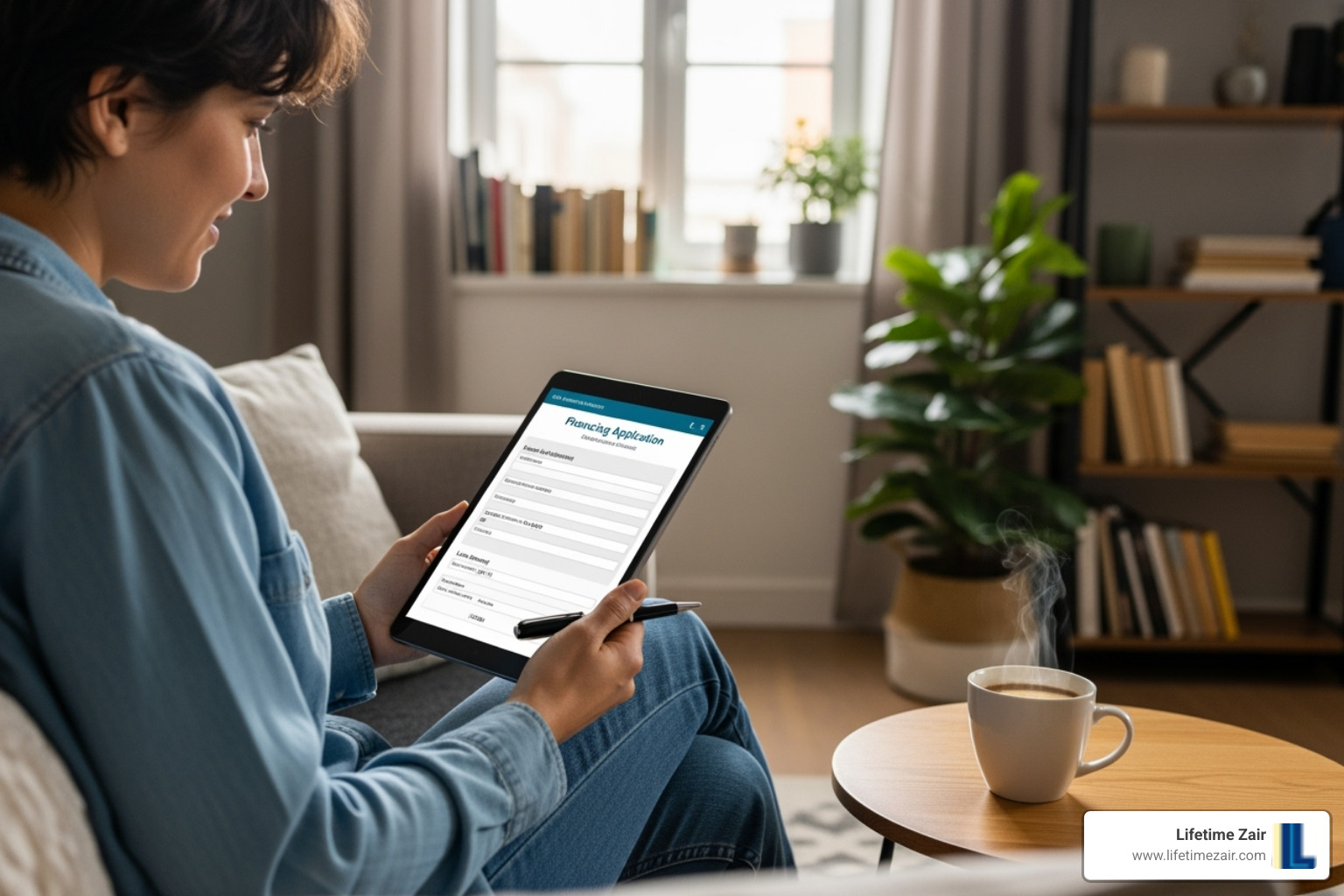 Homeowner looking at a financing application on a tablet - how much to replace ac unit