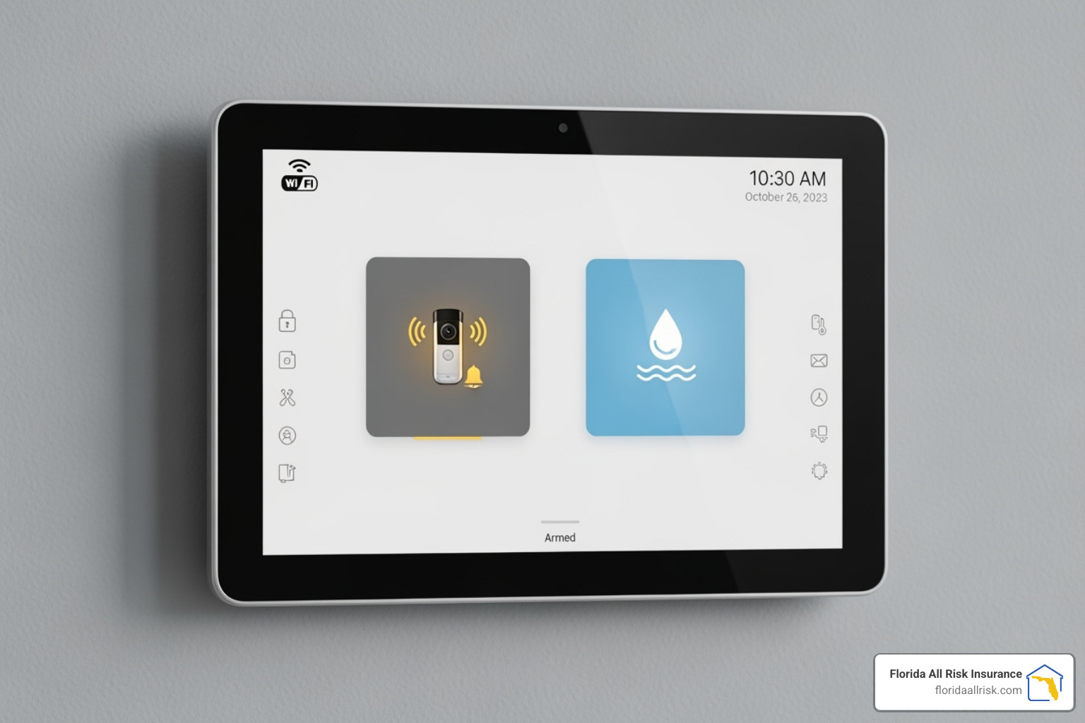 A modern smart home security panel showing connected devices like a doorbell camera and water leak sensor. - save on homeowners insurance