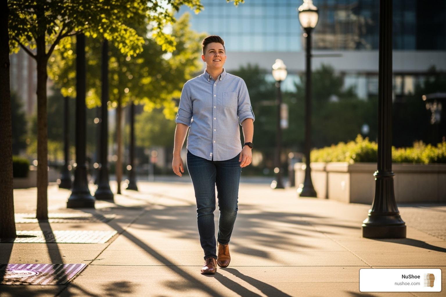 A person comfortably walking in their newly stretched shoes, with a contented expression, perhaps on a sunny sidewalk - shoe stretching services near me