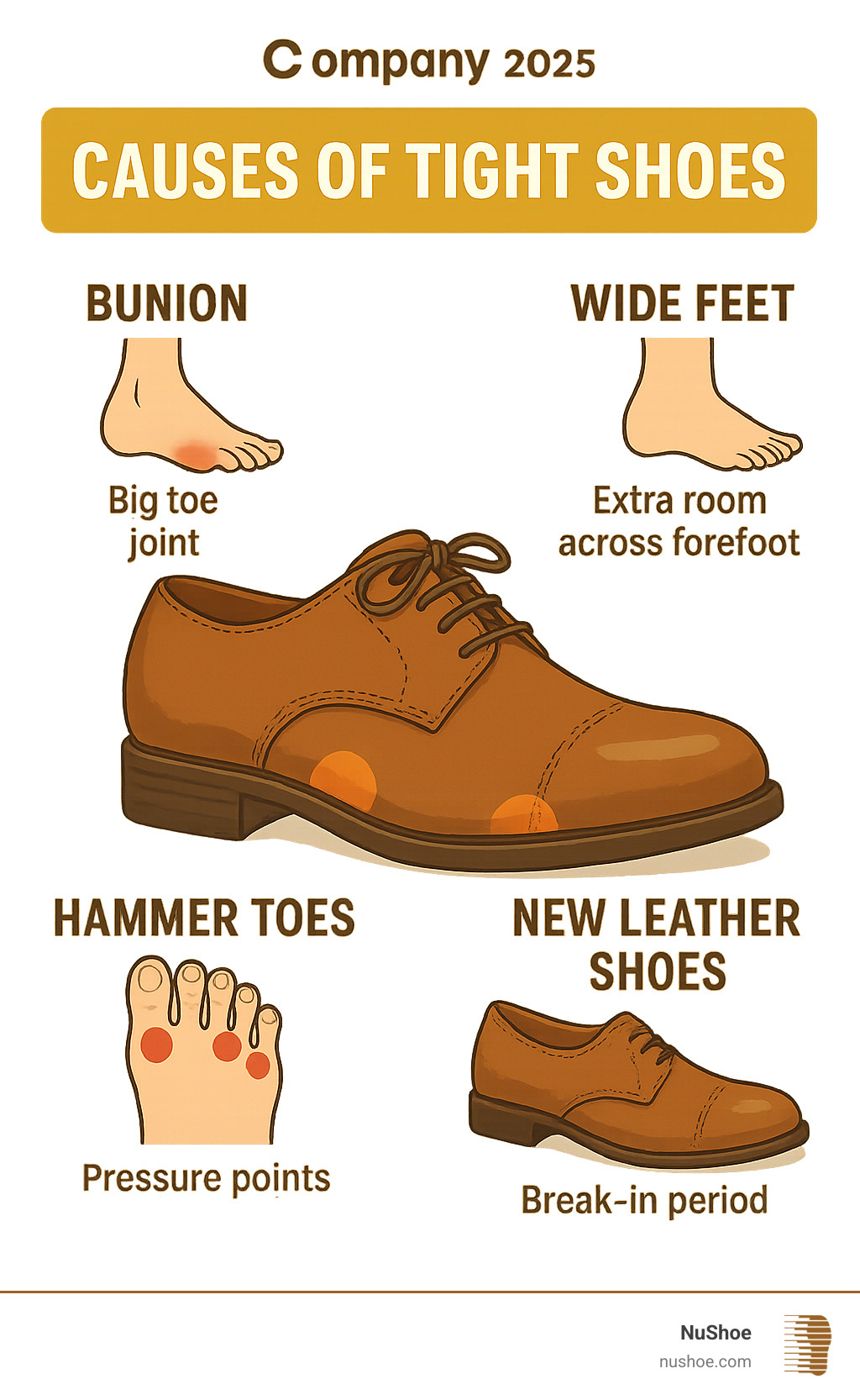 Detailed infographic showing common causes of tight shoes including bunions affecting the big toe joint, wide feet requiring extra room across the forefoot, hammer toes creating pressure points, and the natural break-in period for new leather shoes, with visual indicators of where each condition typically causes discomfort - shoe stretching services near me infographic 