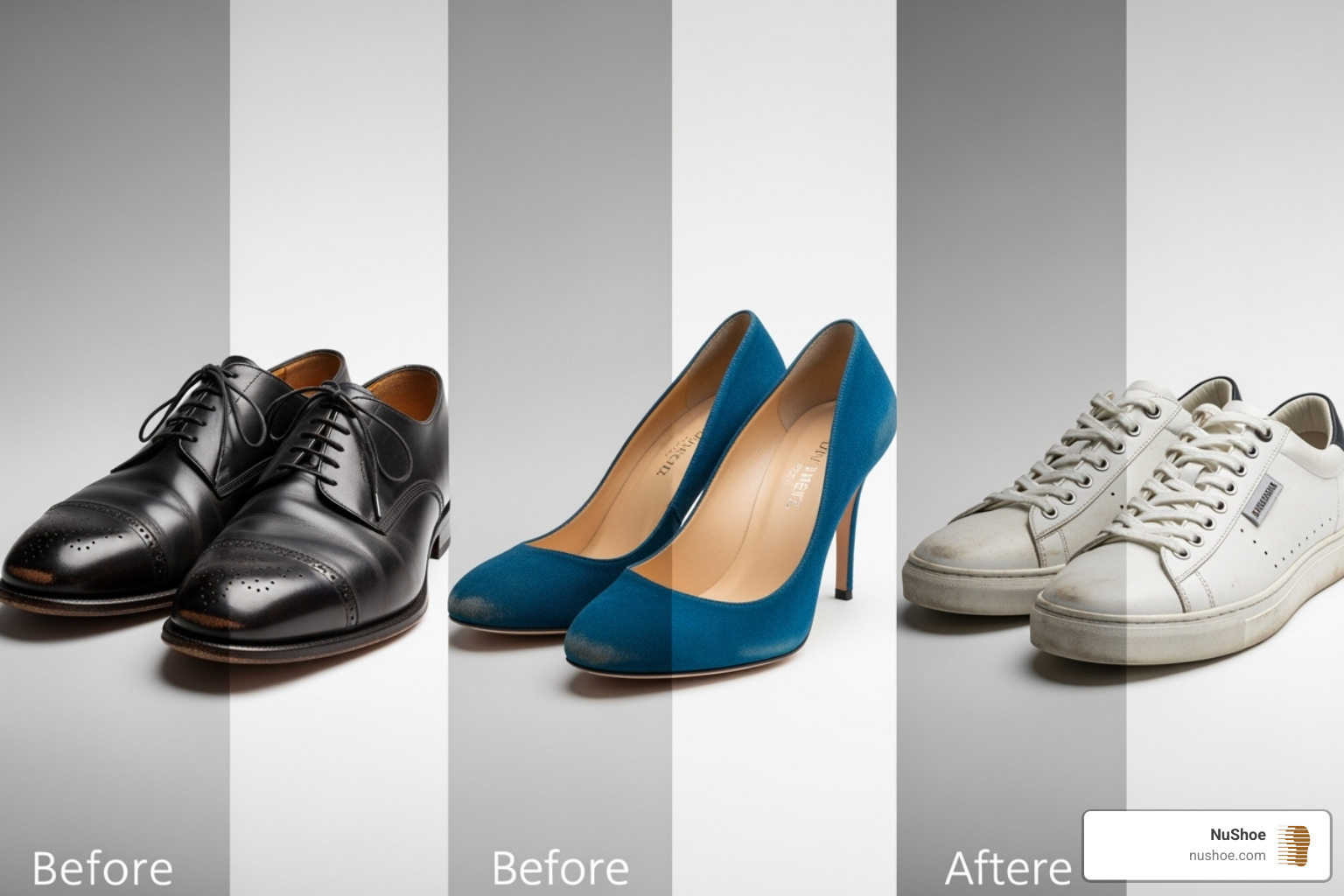 Before-and-after gallery collage of restored luxury shoes - Luxury shoe restoration