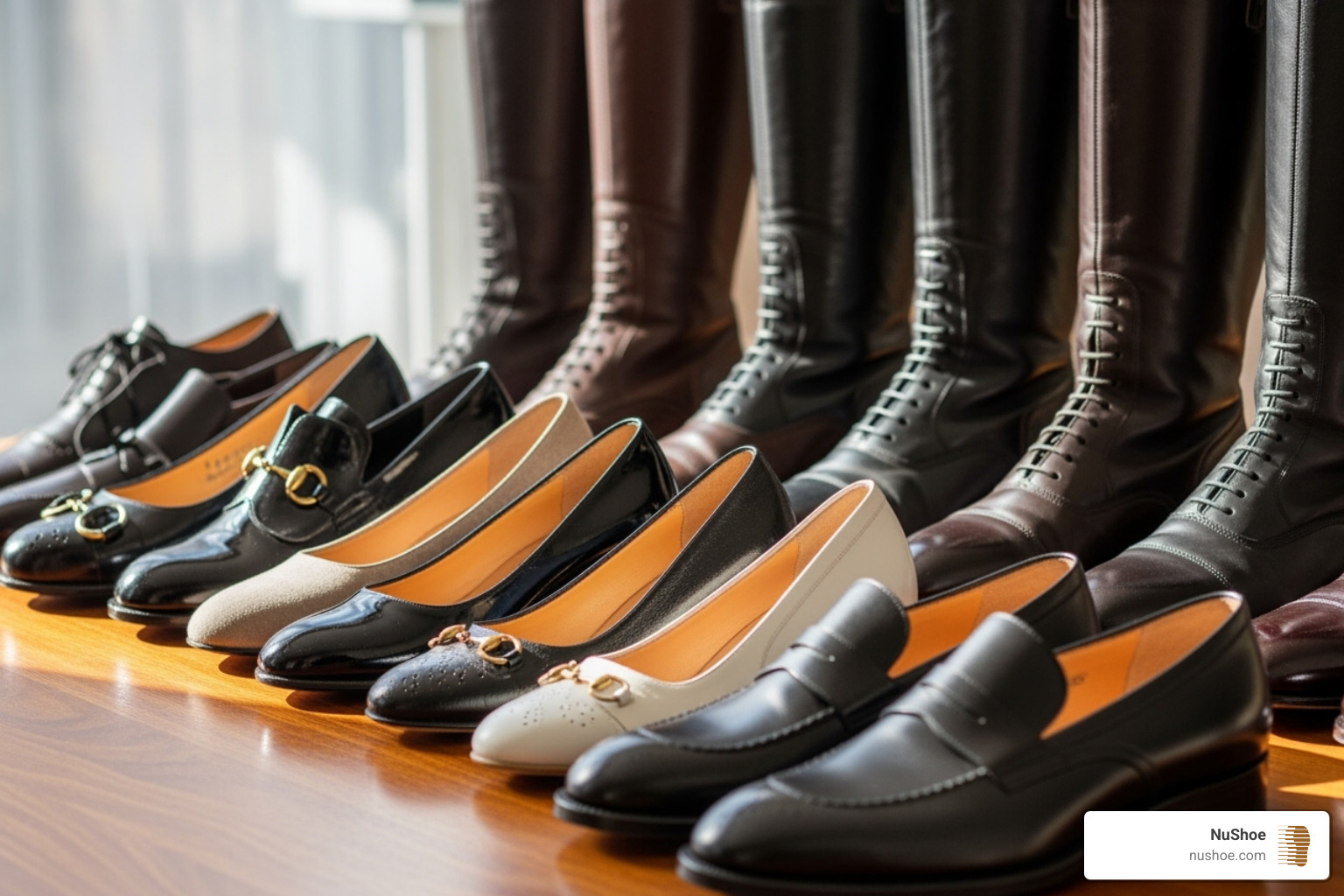 Collection of different types of restored luxury shoes (boots, heels, dress shoes) - Luxury shoe restoration