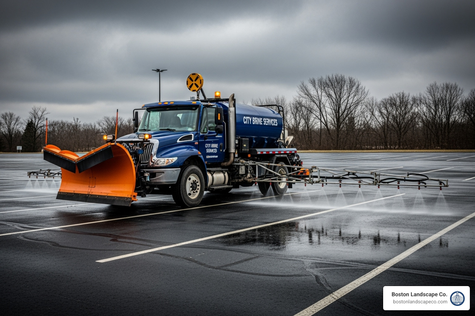 truck applying liquid brine to a parking lot before a storm - snow and ice removal services