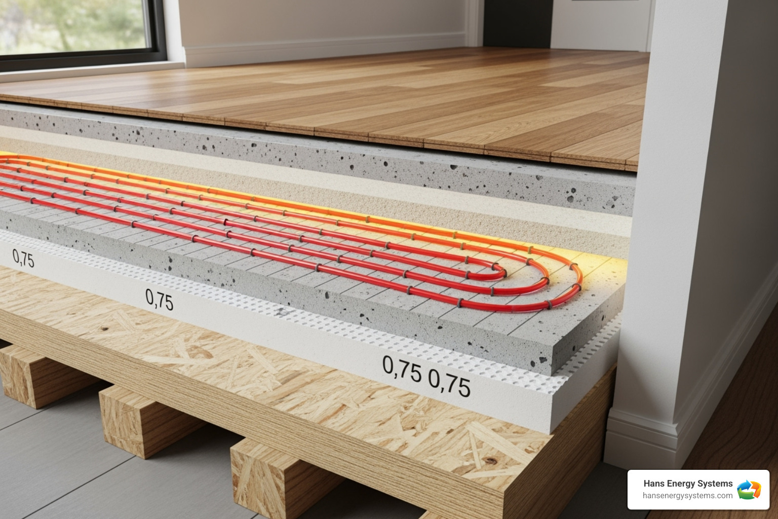 Cutaway floor showing hydronic tubes or electric wires - Radiant heating systems
