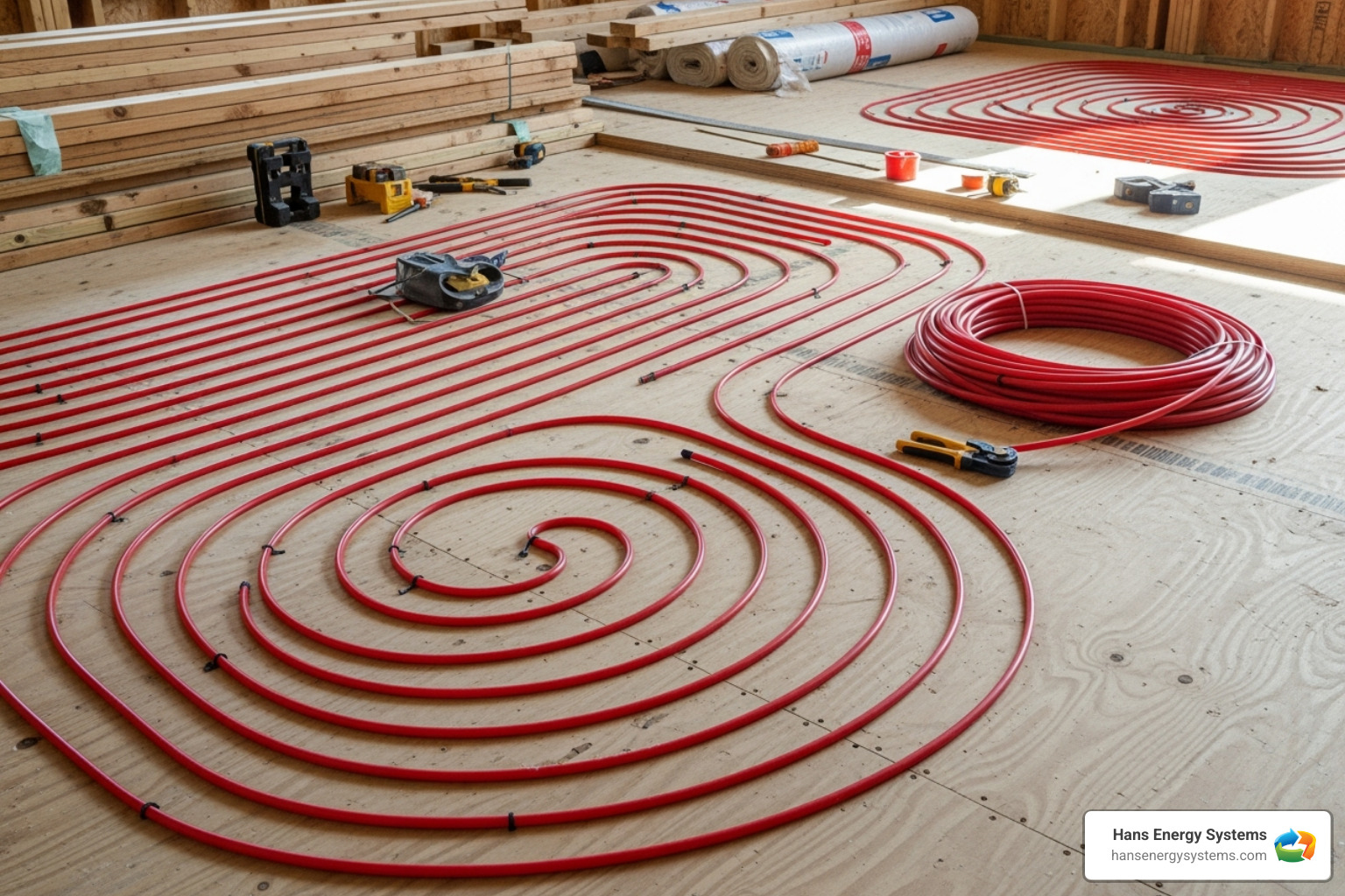 PEX tubing being laid out in a new construction project - Radiant heating systems