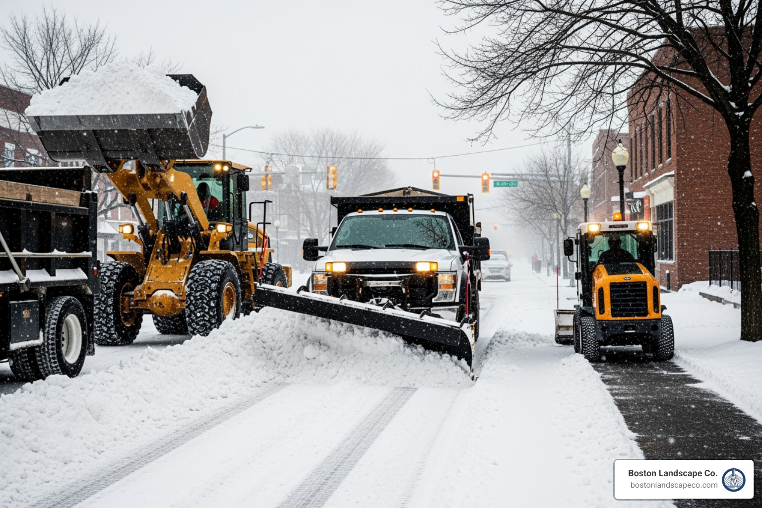various snow removal equipment, including a front-end loader and a sidewalk plow - snow and ice removal services