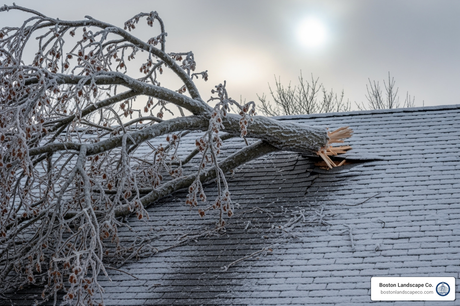 snow-laden roof branch that has broken near a building - snow and ice removal services