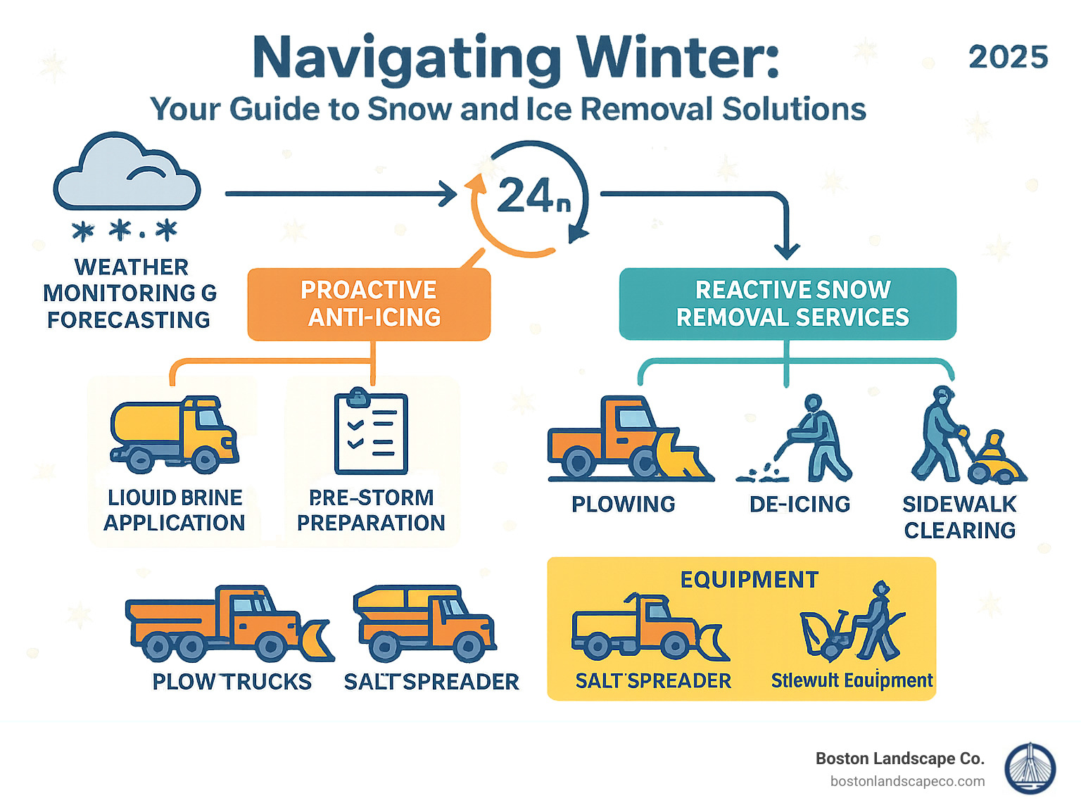 Comprehensive infographic showing the winter property management process: weather monitoring and forecasting at top, branching to proactive anti-icing treatments on left (liquid brine application, pre-storm preparation) and reactive snow removal services on right (plowing, de-icing, sidewalk clearing), with equipment types shown at bottom (plow trucks, salt spreaders, sidewalk equipment) and timeline indicators showing 24-hour response cycles - snow and ice removal services infographic 