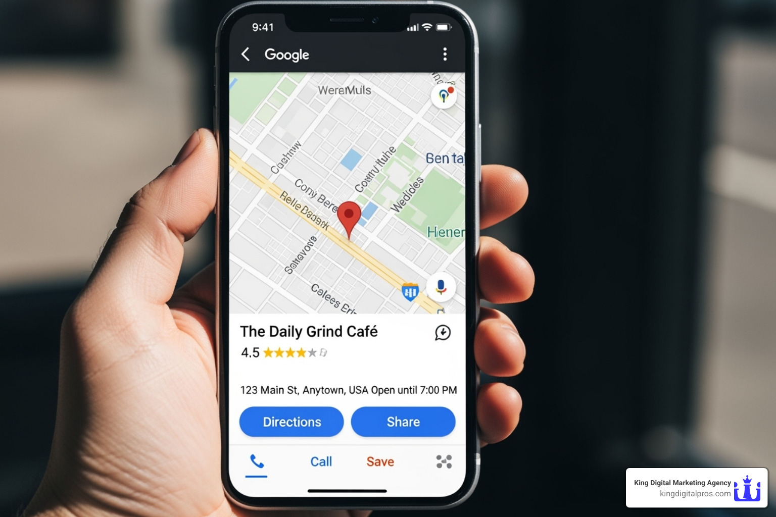 of a smartphone displaying a Google Maps listing for a local business - local marketing roi of a smartphone displaying a Google Maps listing for a local business - local marketing roi