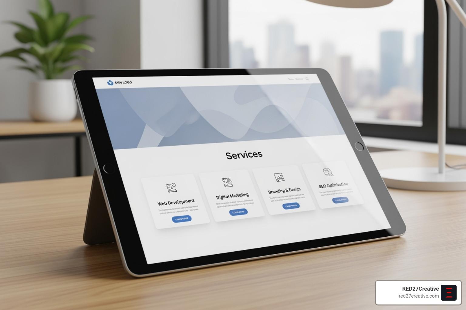 Image of a well-structured "Services" page on a tablet - IT consulting website design Image of a well-structured "Services" page on a tablet - IT consulting website design